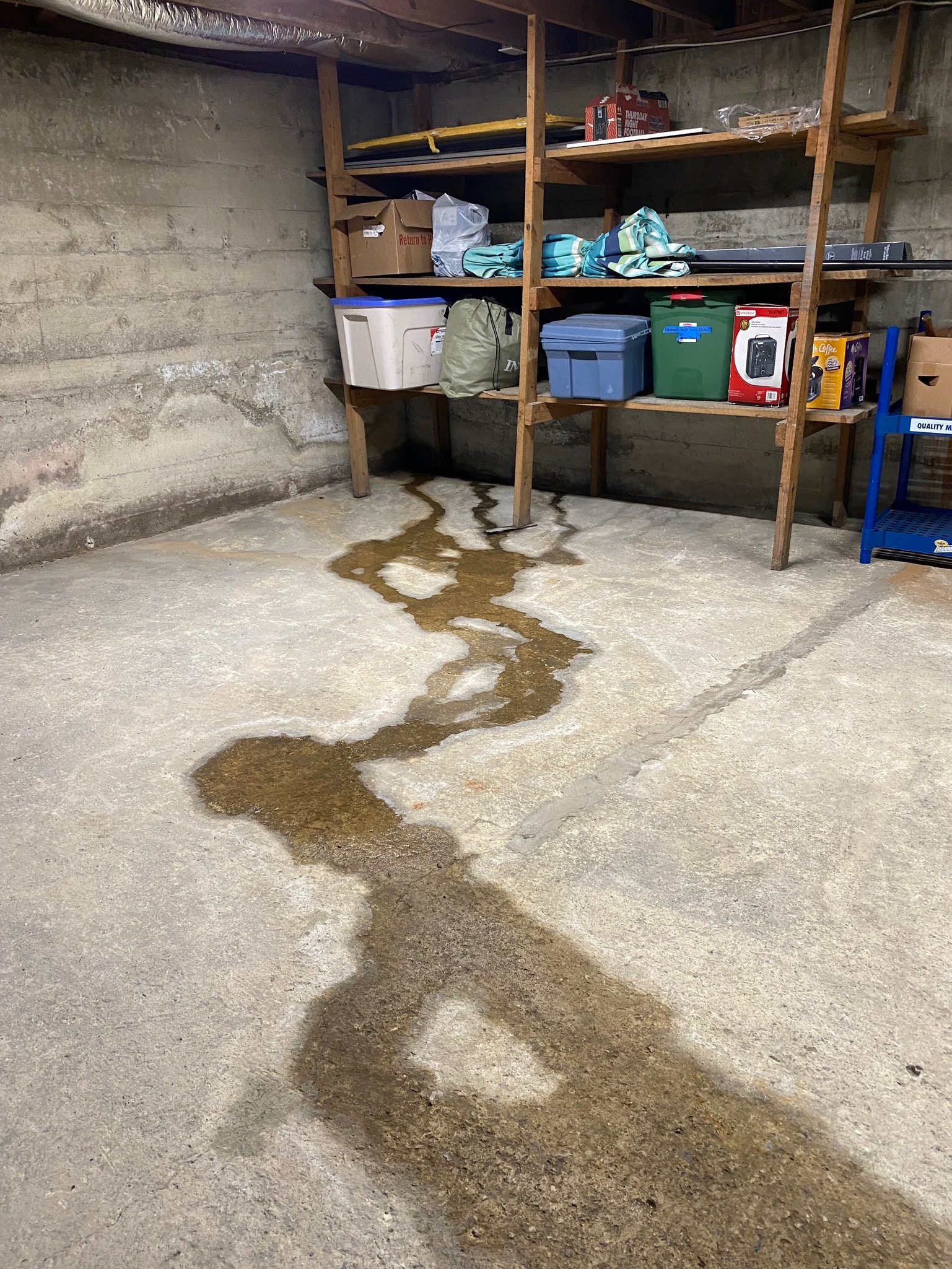 A damp concrete basement floor with water seeping in, forming a trail towards wooden shelves with storage boxes. The scene feels neglected and damp.