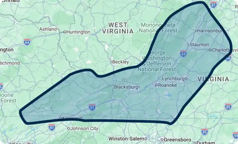 Map highlighting an area of western Virginia and eastern West Virginia, including cities like Roanoke, Staunton, and Harrisonburg, and parts of the George Washington National Forest.